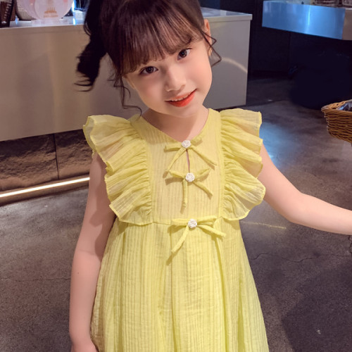 Summer 2024 new style children's internet celebrity princess dress little girl solid color sleeveless vest dress