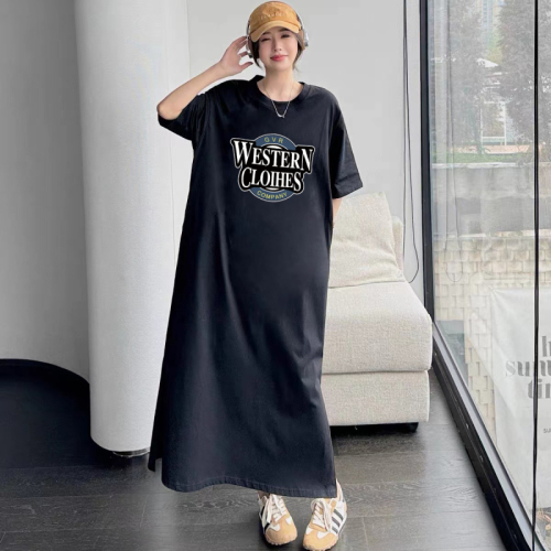 Summer fashion women's Korean style slit dress simple letter T-shirt dress