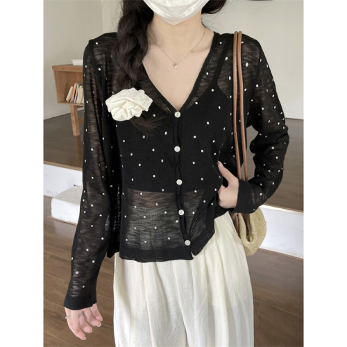 Actual shot of Korean linen ice silk polka dot sunscreen cardigan for women summer ultra-thin polka dot outer slimming top