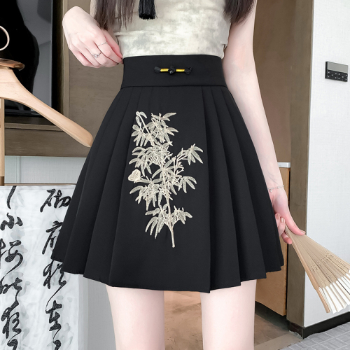 Video + Three Standards Niche Chinese Style Embroidered Skirt Women's High Waist Covering Hips and Slimming Pleated A-Line Skirt