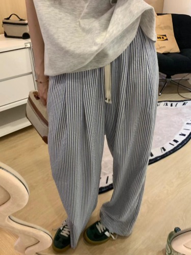 Huanghuangjia niche high-waisted blue striped pants 2024 summer new style drawstring mopping casual wide-leg trousers for women