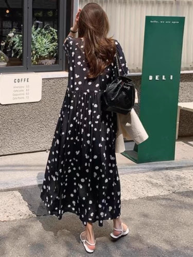 Korean chic summer retro age-reducing round neck loose casual splicing pleated contrast polka dot short-sleeved dress for women