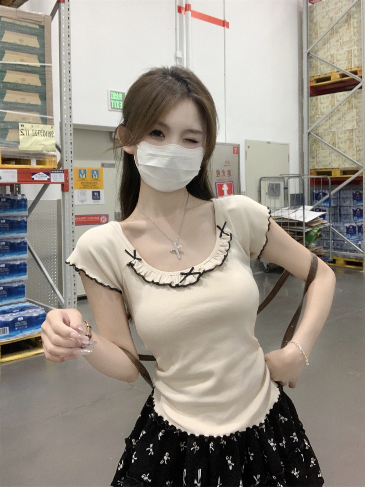 實拍 夏季韓版純欲木耳邊撞色插肩低圓領蝴蝶結短袖T恤上衣