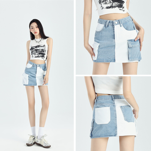 Real shot of trendy brand spring and summer new blue and white splicing denim work skirt high waist hot girl A-line short skirt