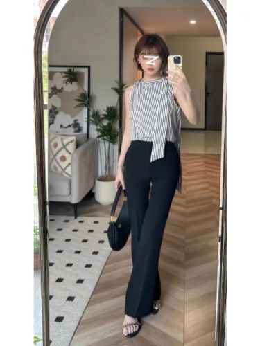 Light luxury style halter neck streamer vertical striped vest shirt women's high-end temperament fashion loose slimming sleeveless top