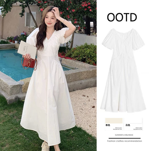 White French V-neck Puff Sleeve Dress for Women Summer New First Love Covers Flesh and Slims Pocket A-Line Over-the-Knee Long Skirt