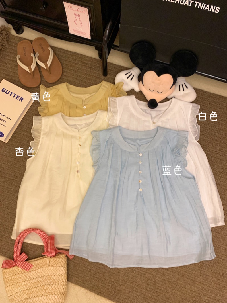 實拍～法式甜美壓褶荷葉邊襯衫女減齡小飛袖設計感寬鬆上衣