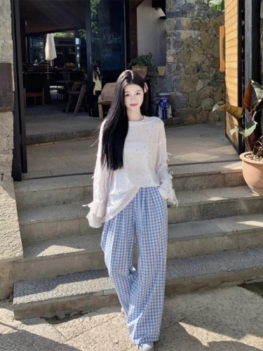 Thin high-waisted women's plaid wide-leg pants casual elastic floor-length trousers retro loose and versatile drape