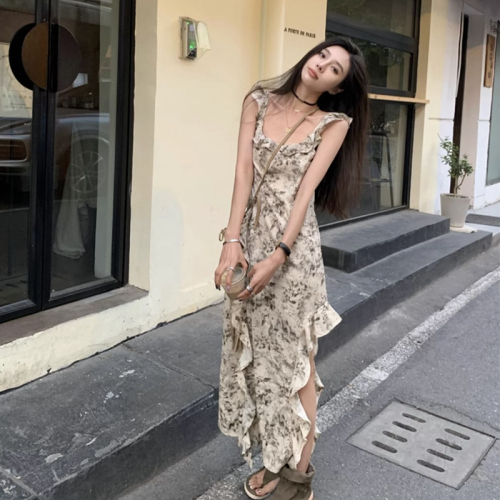 Gentle holiday style French high-end irregular floral suspender dress women's summer temperament slimming seaside long skirt