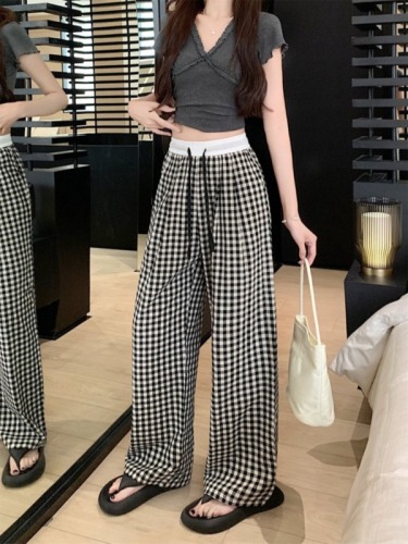 Pink plaid casual pants for women in summer, Korean style, slim, high-waisted, wide-leg pants, loose, floor-length pants for small people, trendy