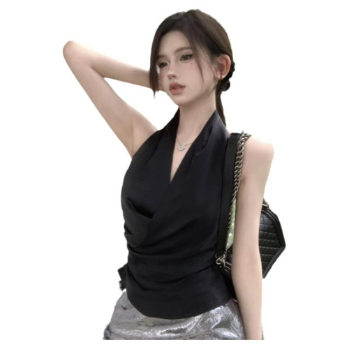 Temperament royal sister style halter neck v-neck cross suspender new exquisite goddess style sexy backless satin sleeveless top