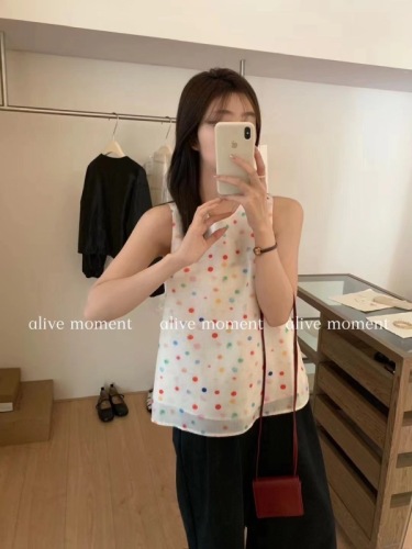 2024 Summer Dopamine Color Polka Dot Vest Knotted Vibrant Girly Top