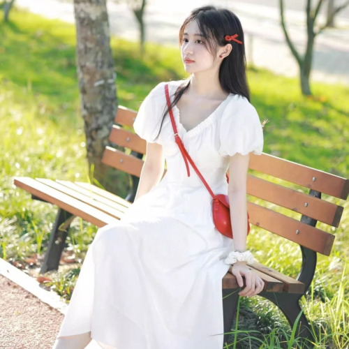 French gentle style first love dopamine white v-neck dress high-end waist slimming puff sleeve long dress summer