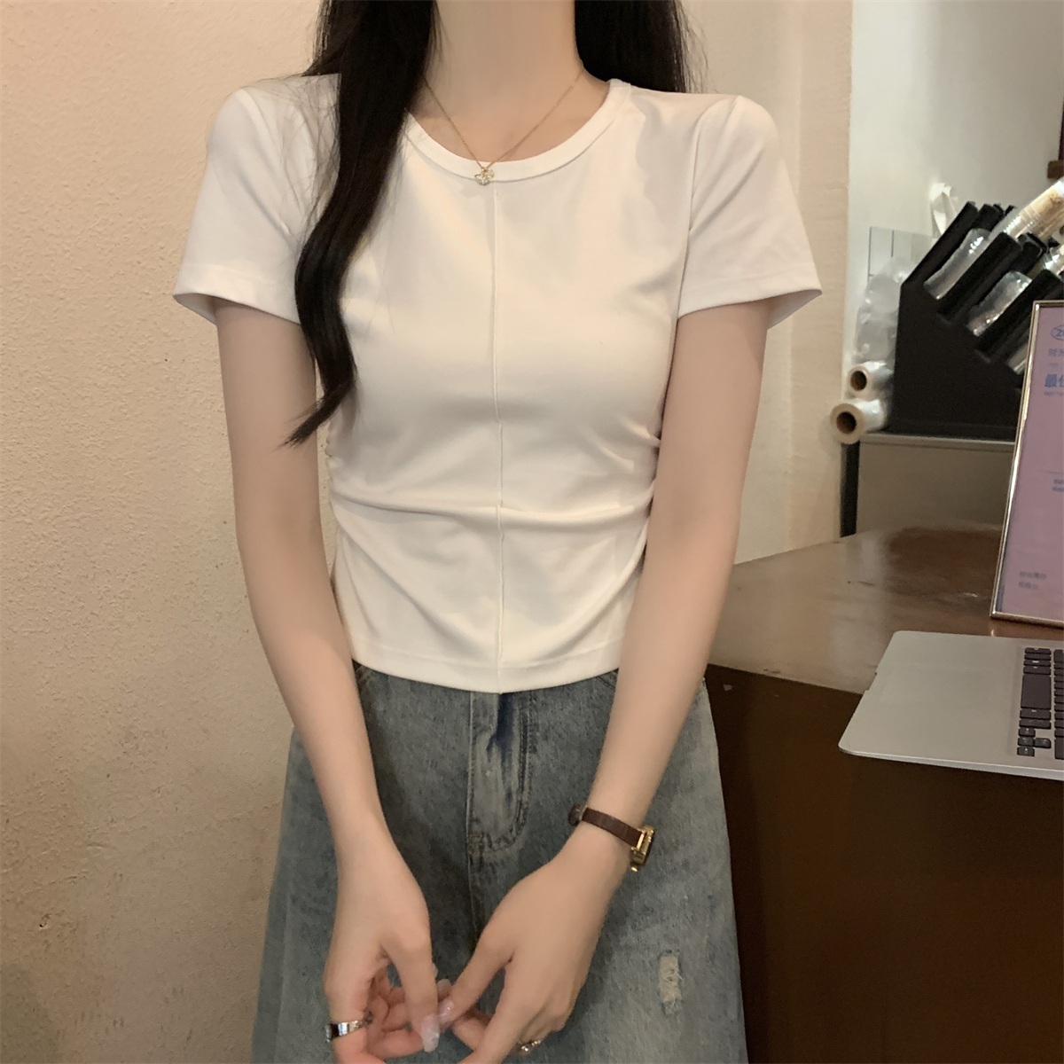 實拍 夏季韓版修身魚骨褶皺顯瘦設計感百搭純棉短袖T恤上衣女