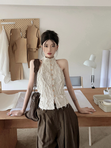 Actual shot of new Chinese style stand-up collar, off-shoulder, breasted, short, slim-fitting, ladylike fringed vest top for women