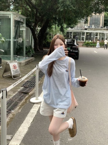Actual shooting oxygen blue striped robe embroidery air-conditioned shirt casual set summer fresh salt system high-waisted shorts