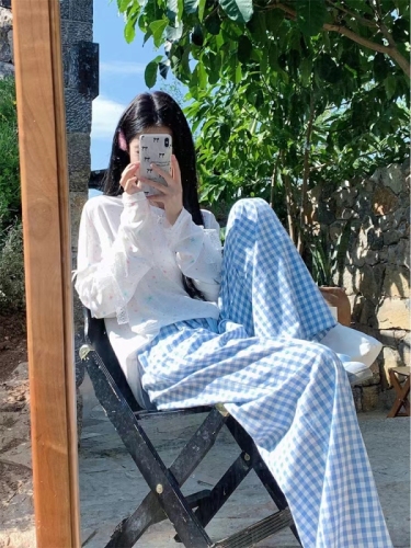 Thin high-waisted women's plaid wide-leg pants casual elastic floor-length trousers retro loose and versatile drape