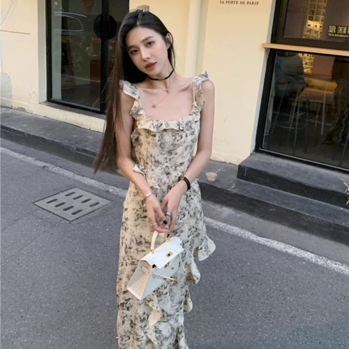 Gentle holiday style French high-end irregular floral suspender dress women's summer temperament slimming seaside long skirt