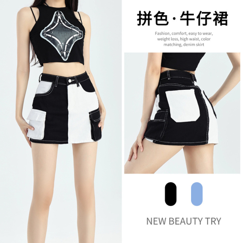 Real shot of trendy brand spring and summer new blue and white splicing denim work skirt high waist hot girl A-line short skirt