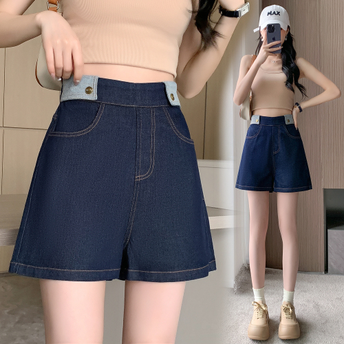 Real shot of summer loose large size elastic waist casual quarter jeans for fat girls slimming high waist wide leg Tencel shorts