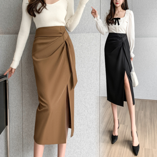 Video + Three Standards High-waisted mid-length slit skirt Autumn new niche design professional skirt