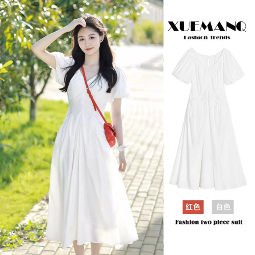 French gentle style first love dopamine white v-neck dress high-end waist slimming puff sleeve long dress summer