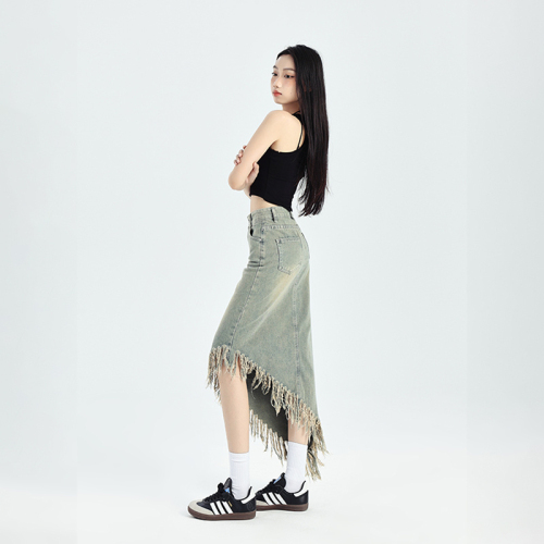 Irregular tassel denim skirt women's niche design tall American retro light color A-line long skirt