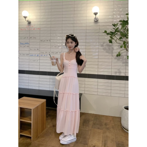 2024 summer pink suspender skirt for women spring and summer seaside white dress sweet cake long skirt waist skirt