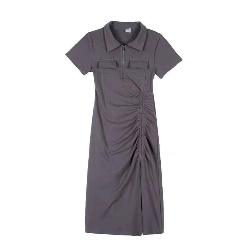 Pure lust style polo neck hot girl dress summer 2024 new slim side slit short-sleeved slim mid-length dress