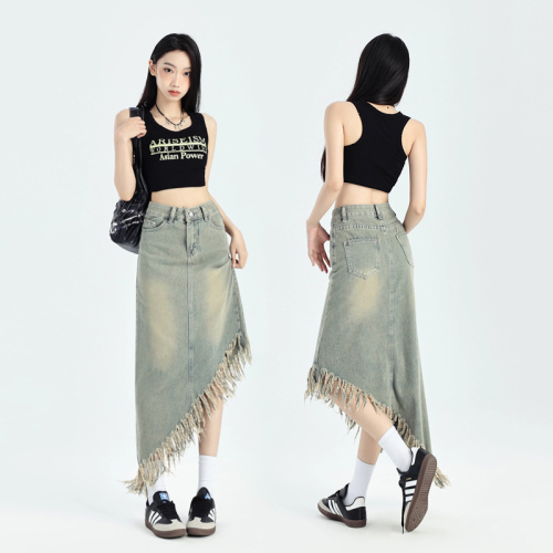 Irregular tassel denim skirt women's niche design tall American retro light color A-line long skirt