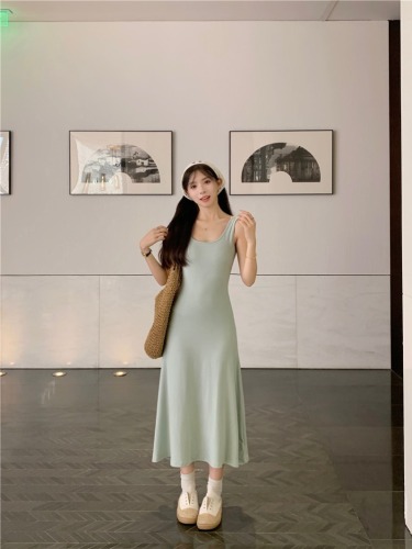 Real shot~Square-neck suspender dress for small women, summer French pure lust waist vest, long skirt with temperament