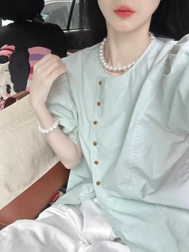 2024 new summer style mint fresh green small square collar puff short-sleeved shirt diagonal-breasted versatile casual pants suit