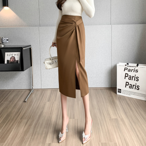 Video + Three Standards High-waisted mid-length slit skirt Autumn new niche design professional skirt