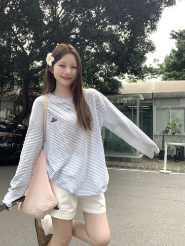 Actual shooting oxygen blue striped robe embroidery air-conditioned shirt casual set summer fresh salt system high-waisted shorts