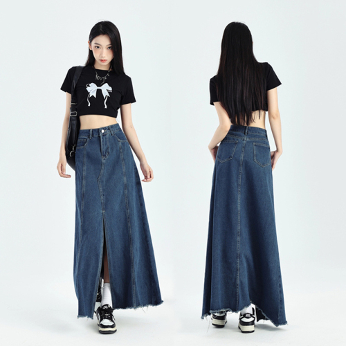 Rain bubbles ~ blue denim skirt for women spring and autumn new style small design high waist slim mid-length skirt