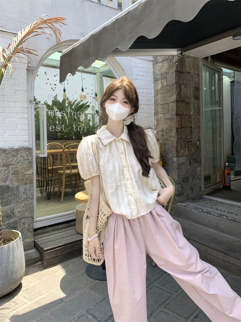 Real shot of retro fresh floral shirt Korean loose versatile casual pants two-piece set