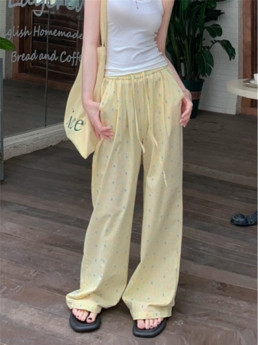 Original pure cotton dopamine wear polka dot wide leg pants for women summer plaid texture casual pants floor mopping pants