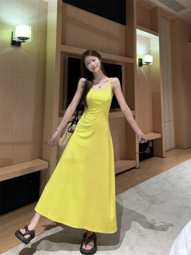 Korean French style small flying sleeve dress for women summer 2024 new style high-end casual mid-length suspender skirt