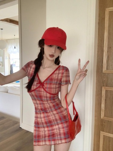 Real shot of red plaid mesh knitted dress for women 2024 summer new style