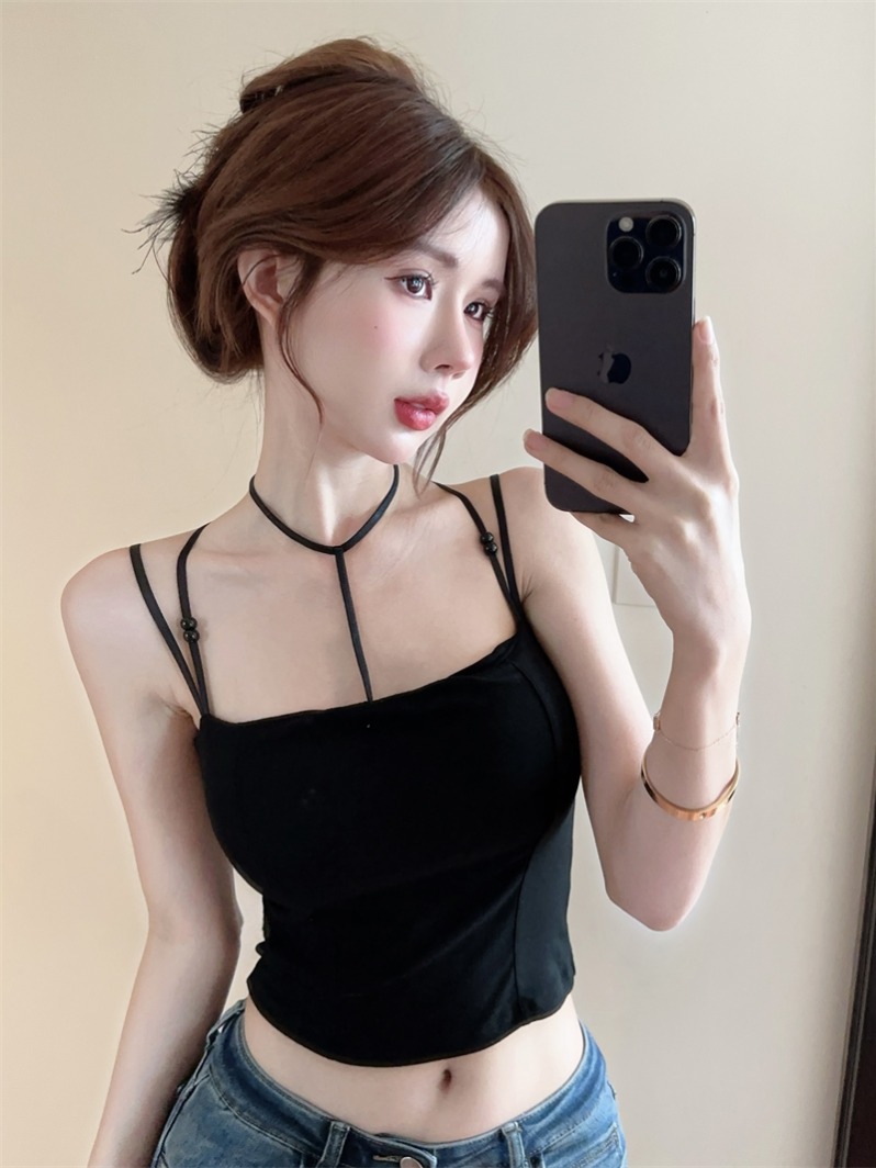 實拍~辣妹甜酷風掛脖串珠美背上衣吊帶設計感小背心女