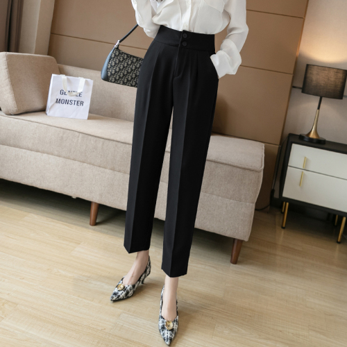 Video + Three Standards Korean Style High Waisted Nine-Point Pants with Small Legs Spring New Style Retro Professional Smoking Pants