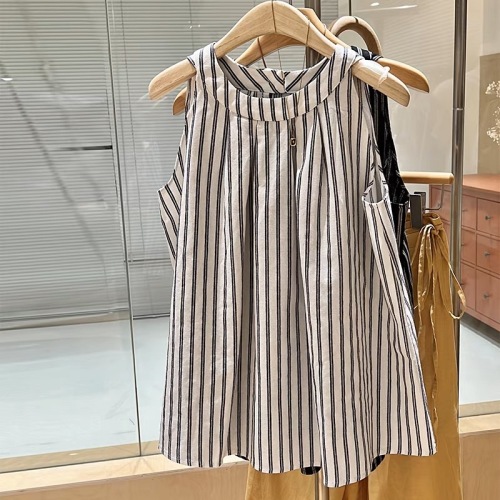 Blue vertical striped vest for women summer cotton linen linen literary retro loose casual vacation style sleeveless top