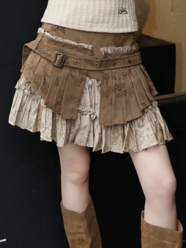 2024 Autumn Niche Design Retro Distressed Heavy Industry Decadent Feeling Fake Two-piece Pleated Skirt