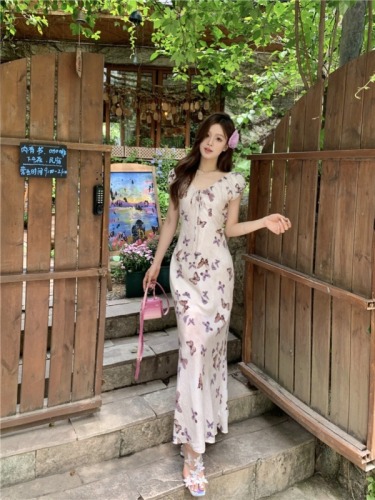 Real shot~Butterfly print dress for women summer 2024 new style French style slim design long skirt