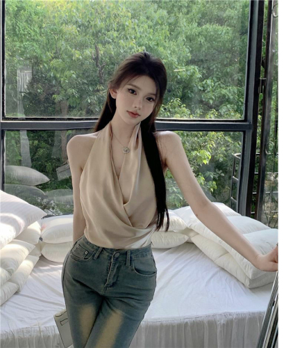 Temperament royal sister style halter neck v-neck cross suspender new exquisite goddess style sexy backless satin sleeveless top