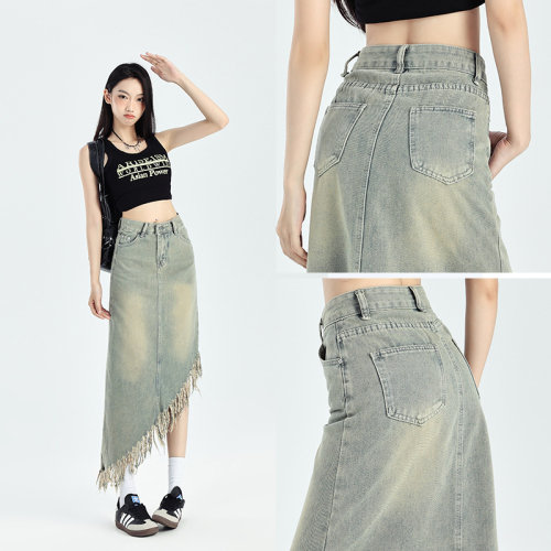 Irregular tassel denim skirt women's niche design tall American retro light color A-line long skirt