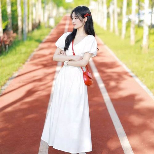 French gentle style first love dopamine white v-neck dress high-end waist slimming puff sleeve long dress summer