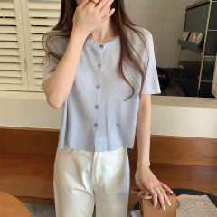 實拍 夏季韓版寬鬆單排扣竹節麻薄款百搭針織開衫短袖上衣女