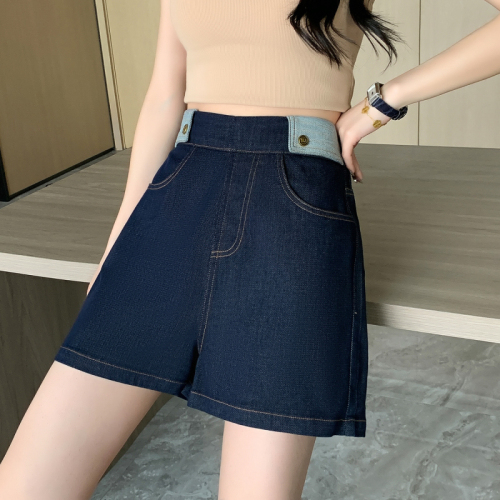 Real shot of summer loose large size elastic waist casual quarter jeans for fat girls slimming high waist wide leg Tencel shorts