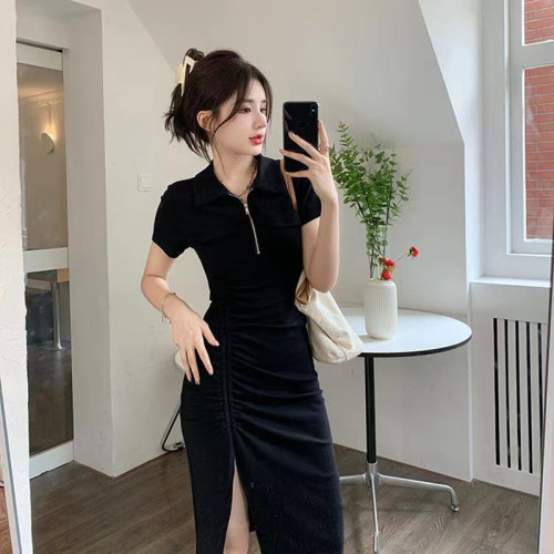 Pure lust style polo neck hot girl dress summer 2024 new slim side slit short-sleeved slim mid-length dress